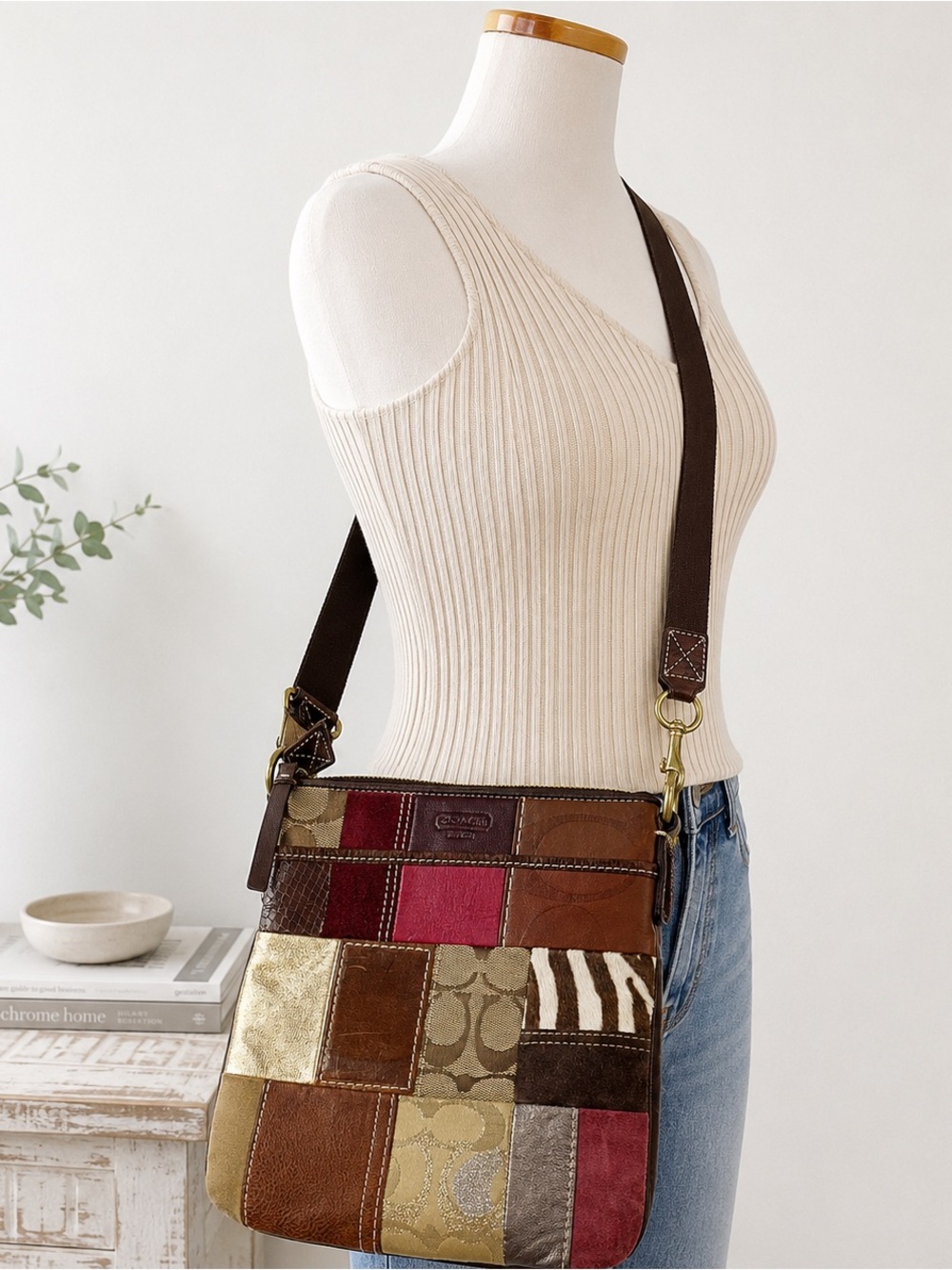 Coach Patchwork Crossbody Bag Leather Suede  Signature Style Y2K Purse